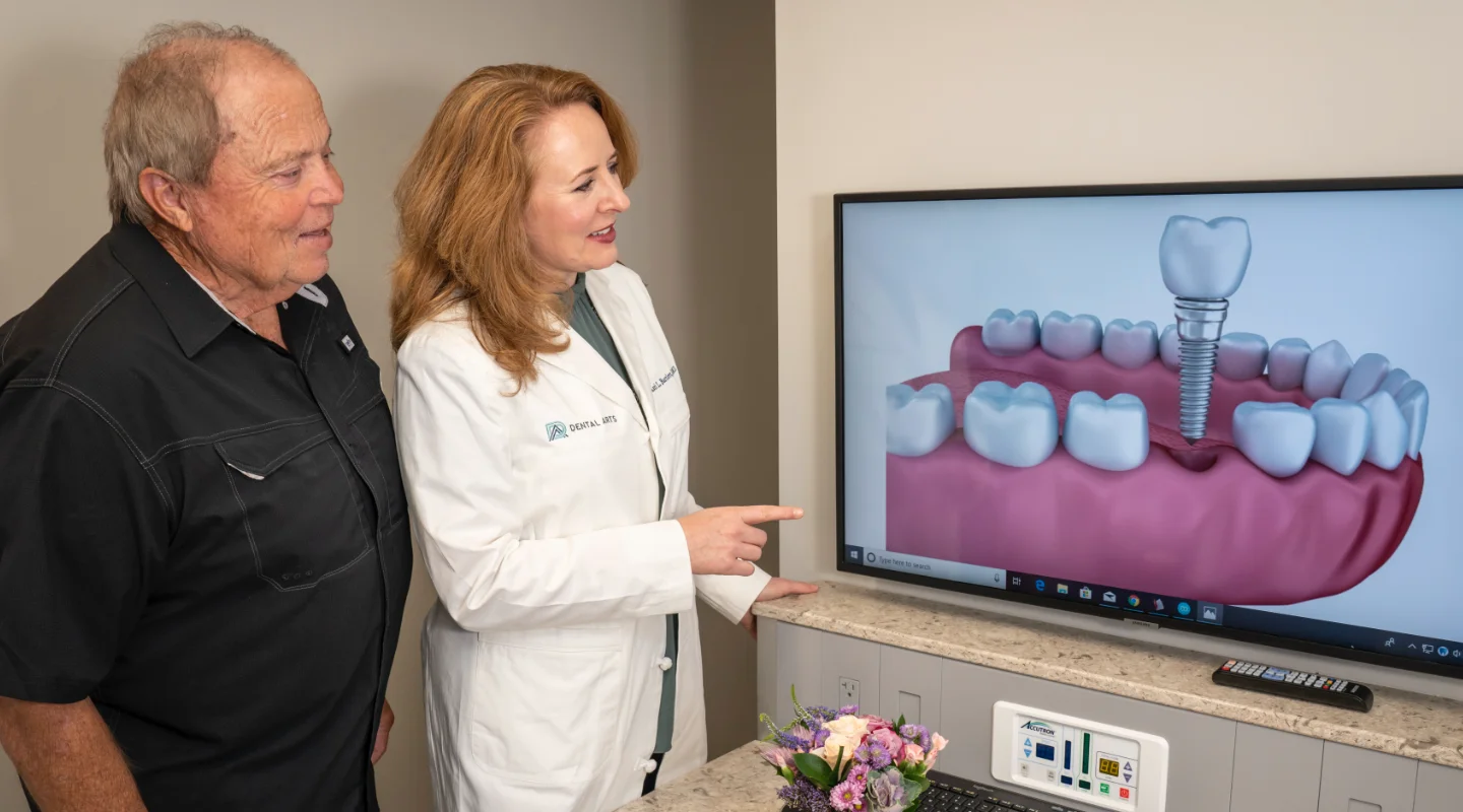 Dental Implants 1 Image of Dr. Bartlett in a consultation with a patient for dental implants.