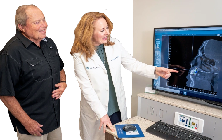 Image of Dr. Bartlett showing a patient their diagnostic results for all-on-x implant dentures treatment.