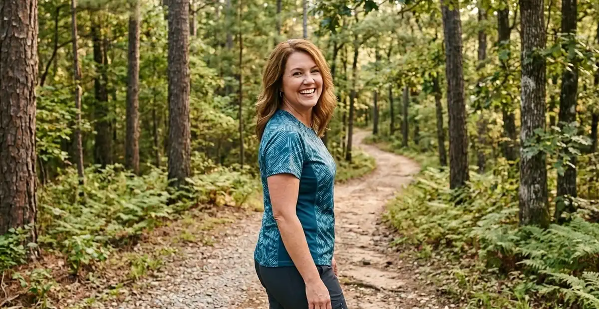 Same day implants near me can improve your quality of life. Image of a woman smiling on a walking trail.